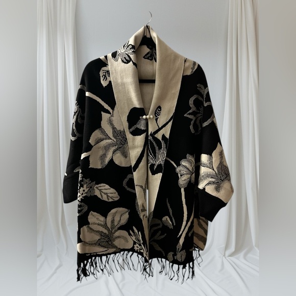 Sweaters - Black and Cream Floral Women's Sweater Poncho